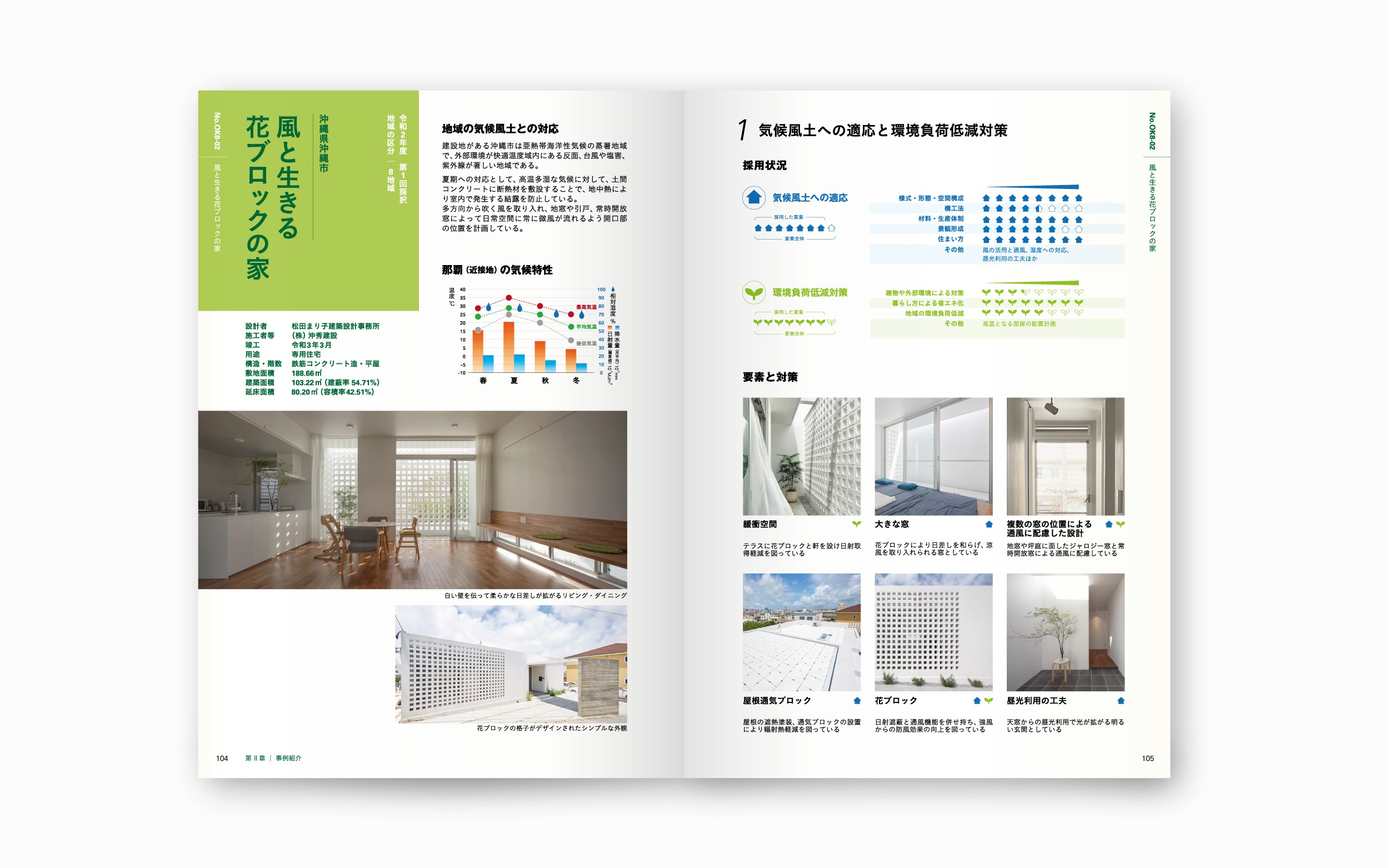 サステナブル建築物等先導事業 気候風土適応型住宅事例集 2024版｜一般社団法人環境共生住宅推進協議会｜国土交通省 支援事業｜アートディレクション グラフィックデザイン 編集 エディトリアルデザイン ブックデザイン｜東京都新宿区｜本文 104-105頁「風と生きる 花ブロックの家 / 沖縄県沖縄市」