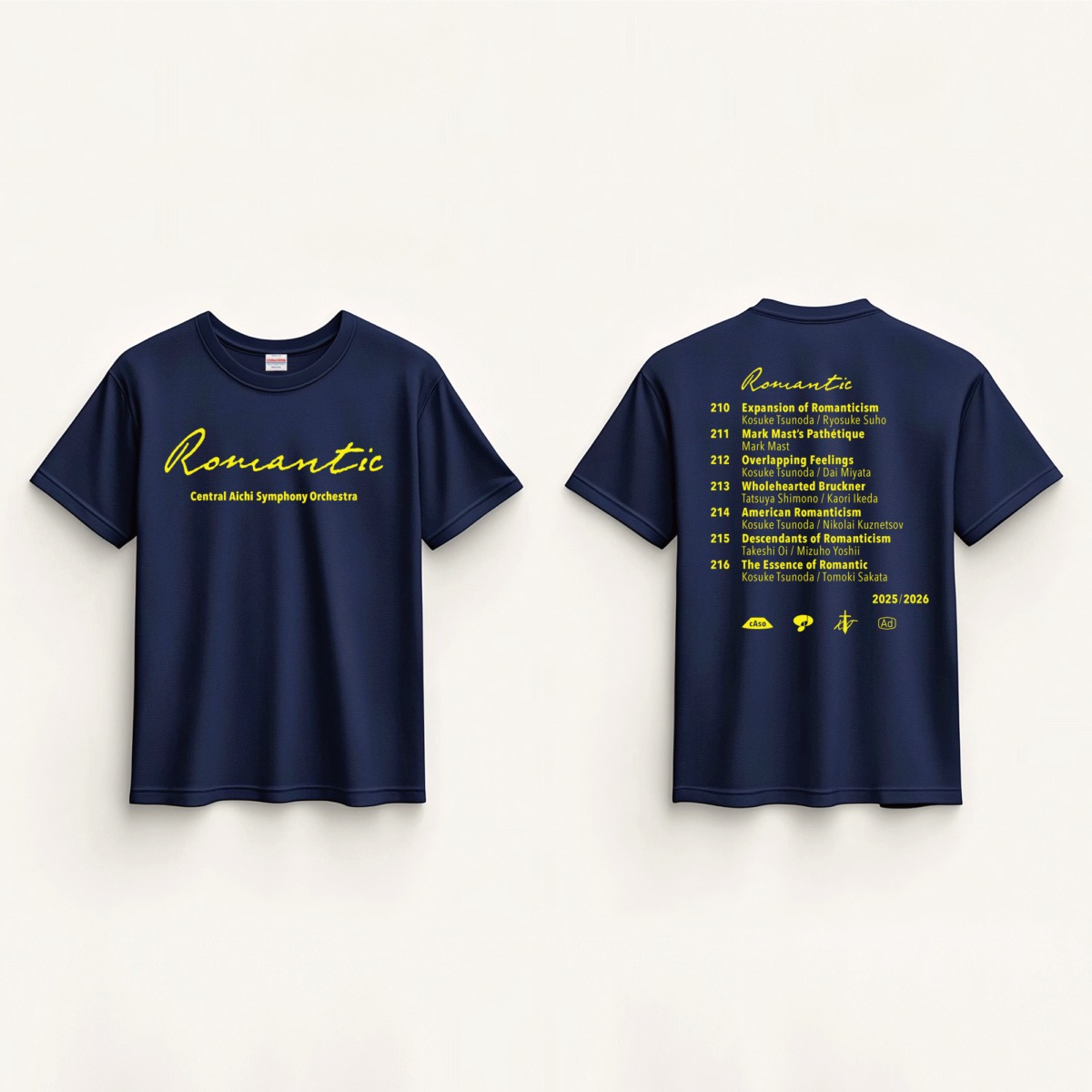 セントラル愛知交響楽団 Central Aichi Symphony Orchestra｜“Romantic” Tシャツ｜2025-2026 シーズン｜クリエイティヴディレクション グラフィックデザイン｜角田鋼亮（音楽監督・指揮者）公益社団法人セントラル愛知交響楽団｜愛知県名古屋市中村区｜表・裏