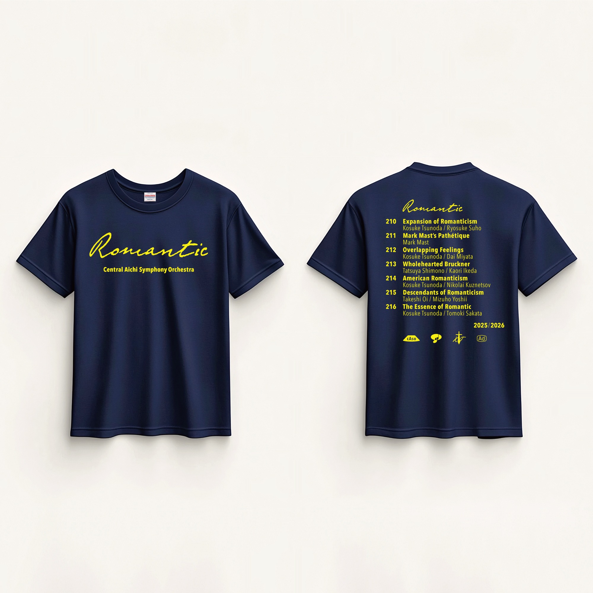 セントラル愛知交響楽団 Central Aichi Symphony Orchestra|“Romantic” Tシャツ|2025-2026 シーズン|クリエイティヴディレクション グラフィックデザイン|角田鋼亮(音楽監督・指揮者)公益社団法人セントラル愛知交響楽団|愛知県名古屋市中村区|表・裏