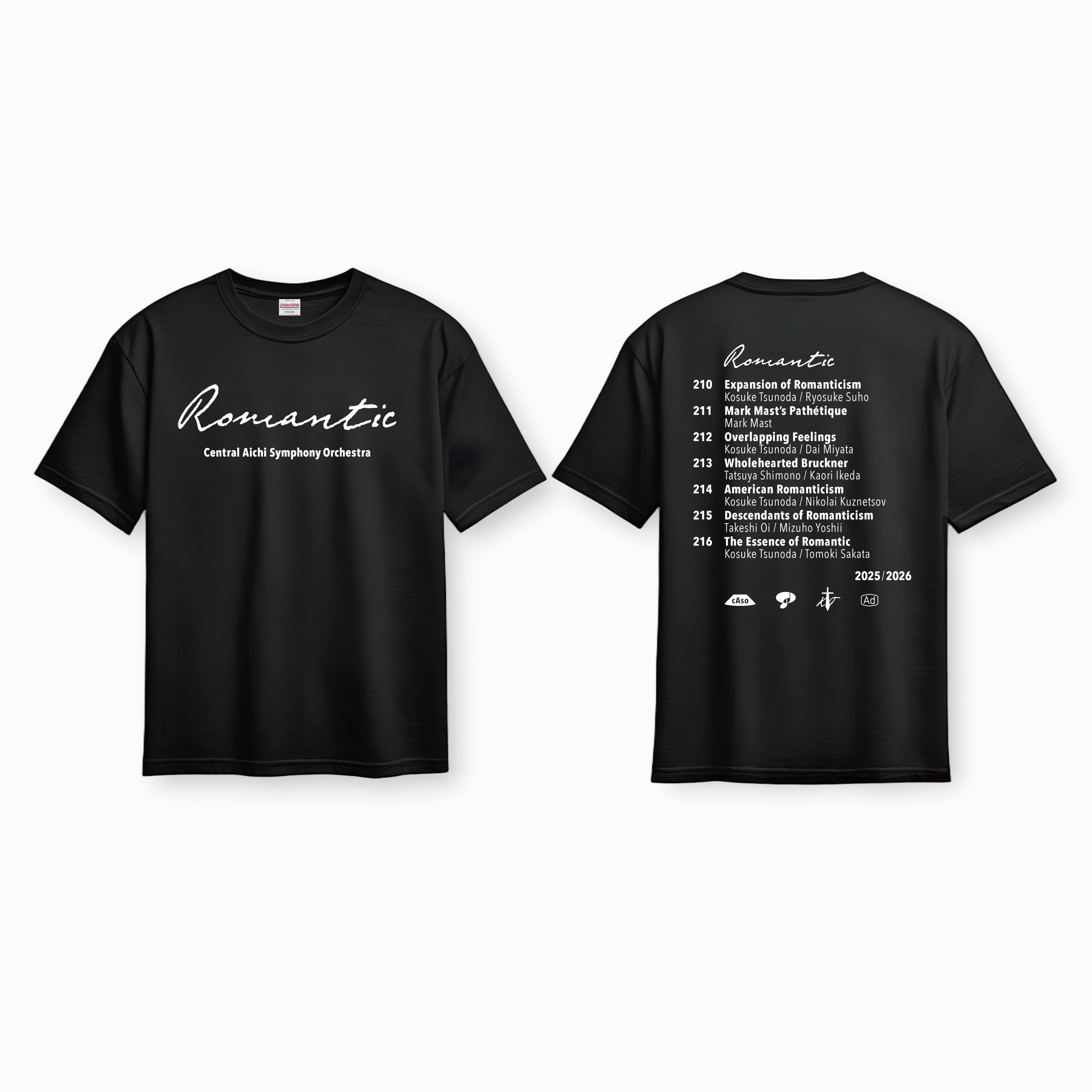 セントラル愛知交響楽団 Central Aichi Symphony Orchestra|“Romantic” Tシャツ|2025-2026 シーズン|クリエイティヴディレクション グラフィックデザイン|角田鋼亮(音楽監督・指揮者)公益社団法人セントラル愛知交響楽団|愛知県名古屋市中村区|表・裏|ブラック / ホワイト