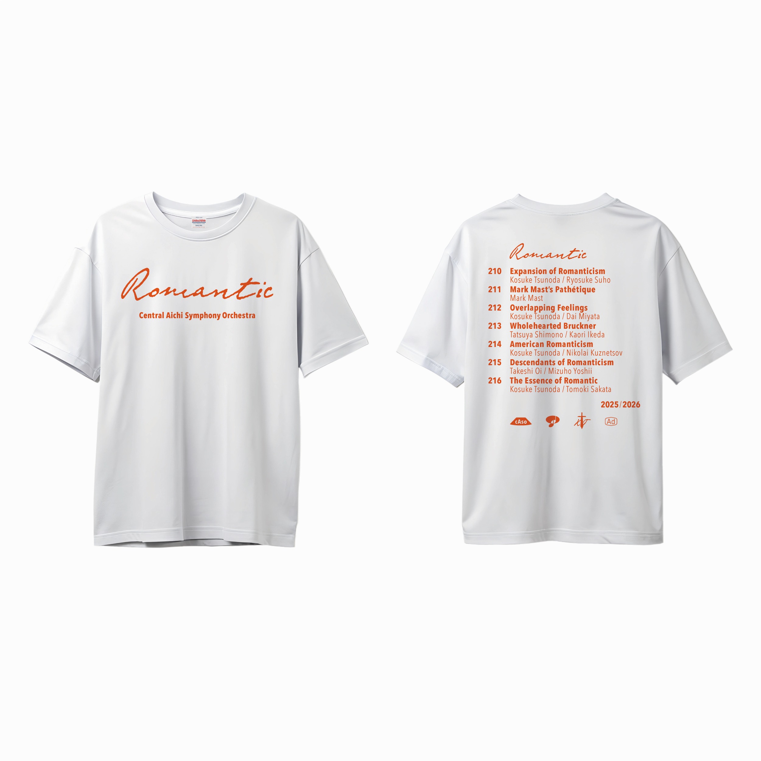 セントラル愛知交響楽団 Central Aichi Symphony Orchestra|“Romantic” Tシャツ|2025-2026 シーズン|クリエイティヴディレクション グラフィックデザイン|角田鋼亮(音楽監督・指揮者)公益社団法人セントラル愛知交響楽団|愛知県名古屋市中村区|表・裏|ホワイト / オレンジ