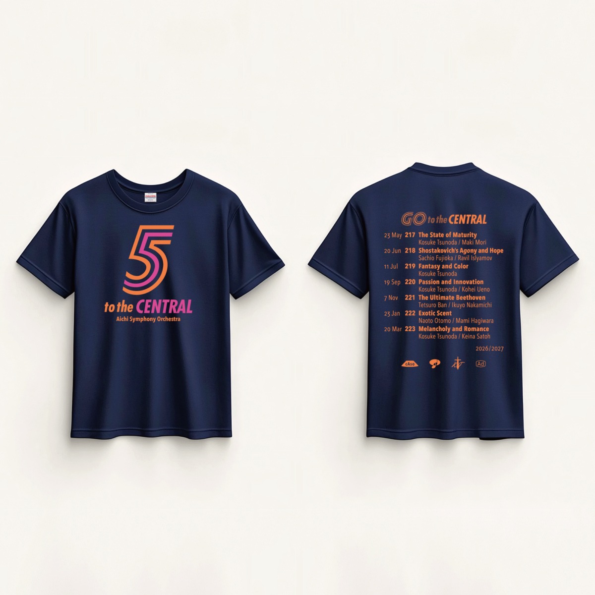 セントラル愛知交響楽団 Central Aichi Symphony Orchestra｜5 “Go to the CENTRAL” キャンペーンロゴ Tシャツ [3種]｜2026/2027 シーズン｜クリエイティヴディレクション グラフィックデザイン ロゴデザイン マーチャンダイズ｜角田鋼亮（音楽監督・指揮者）公益社団法人セントラル愛知交響楽団｜愛知県名古屋市中村区｜オレンジ＆ホットピンク・ネイヴィーTシャツ
