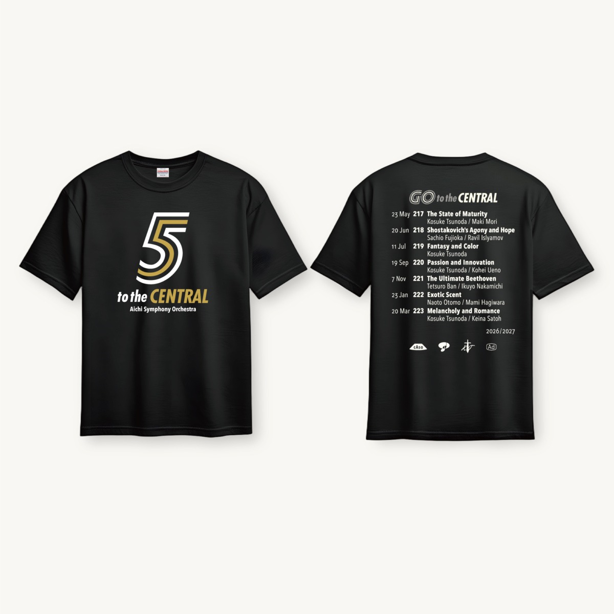 セントラル愛知交響楽団 Central Aichi Symphony Orchestra｜5 “Go to the CENTRAL” キャンペーンロゴ Tシャツ [3種]｜2026/2027 シーズン｜クリエイティヴディレクション グラフィックデザイン ロゴデザイン マーチャンダイズ｜角田鋼亮（音楽監督・指揮者）公益社団法人セントラル愛知交響楽団｜愛知県名古屋市中村区｜ホワイト＆ゴールド・ブラックTシャツ