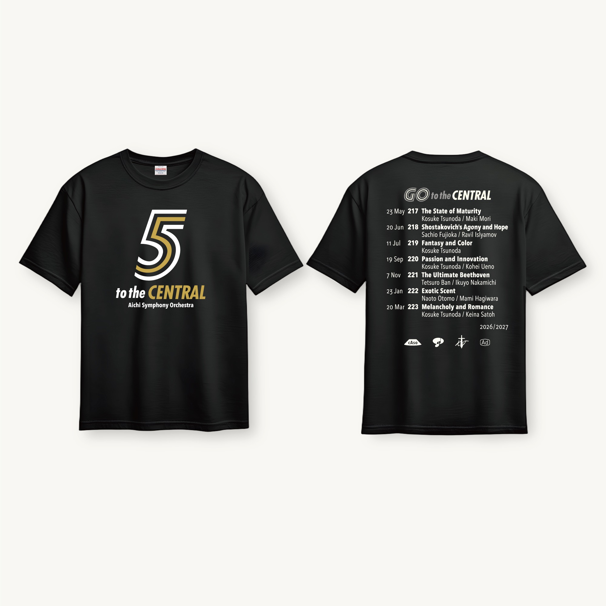 セントラル愛知交響楽団 Central Aichi Symphony Orchestra｜5 “Go to the CENTRAL” キャンペーンロゴ Tシャツ [3種]｜2026/2027 シーズン｜クリエイティヴディレクション グラフィックデザイン ロゴデザイン マーチャンダイズ｜角田鋼亮（音楽監督・指揮者）公益社団法人セントラル愛知交響楽団｜愛知県名古屋市中村区｜ホワイト＆ゴールド・ブラックTシャツ
