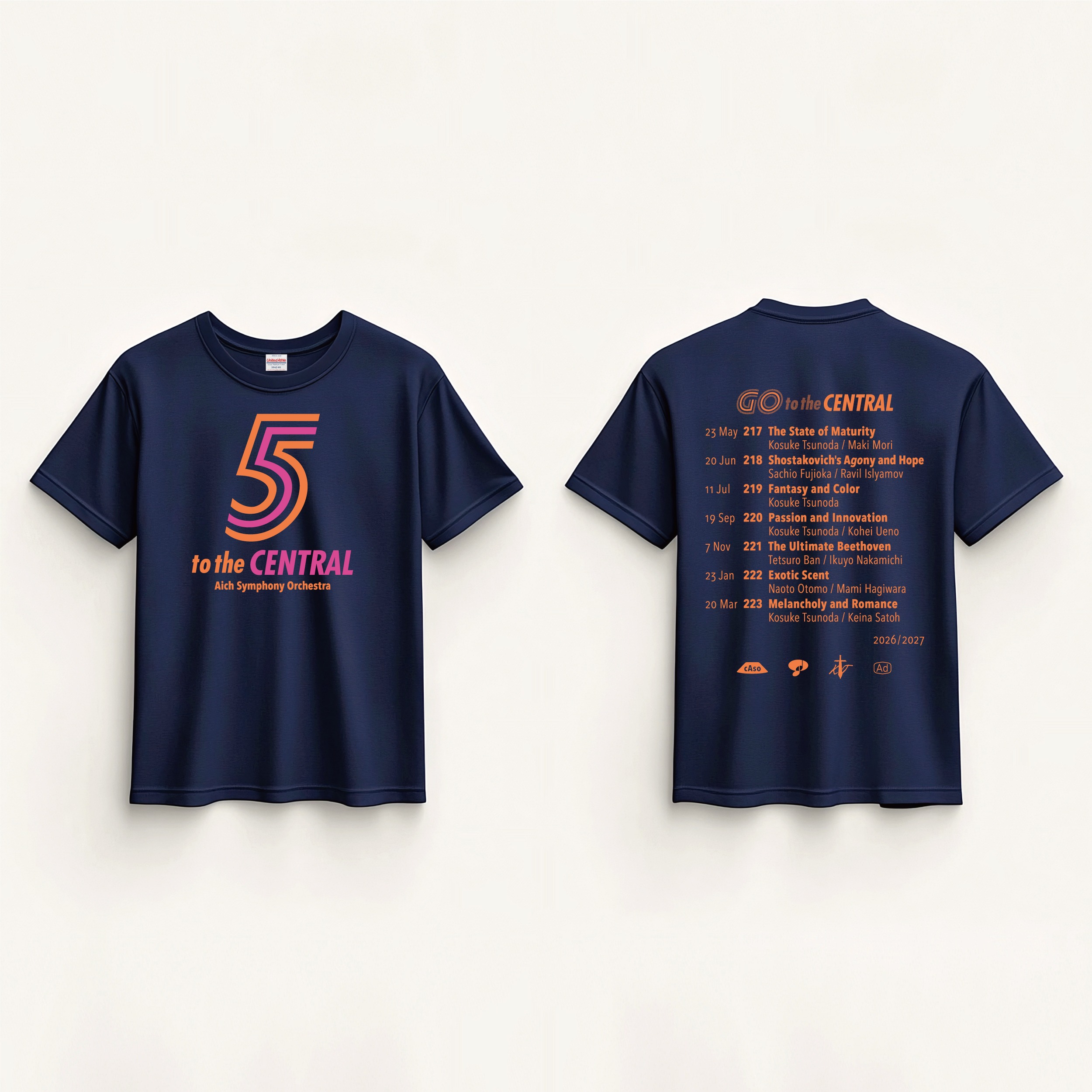セントラル愛知交響楽団 Central Aichi Symphony Orchestra｜5 Go to the CENTRAL キャンペーンロゴ Tシャツ [3種]｜2026/2027 シーズン｜クリエイティヴディレクション グラフィックデザイン ロゴデザイン マーチャンダイズ｜角田鋼亮（音楽監督・指揮者）公益社団法人セントラル愛知交響楽団｜愛知県名古屋市中村区｜オレンジ＆ホットピンク・ネイヴィーTシャツ
