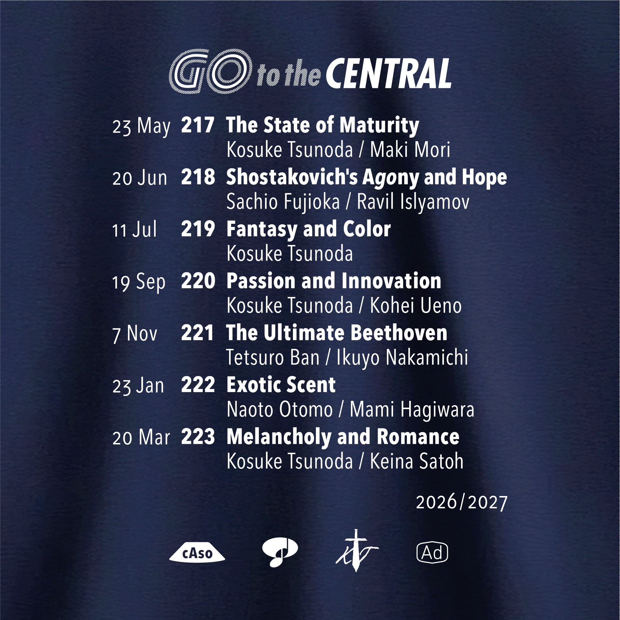 セントラル愛知交響楽団 Central Aichi Symphony Orchestra｜5 Go to the CENTRAL キャンペーンロゴ Tシャツ [3種]｜2026/2027 シーズン｜クリエイティヴディレクション グラフィックデザイン ロゴデザイン マーチャンダイズ｜角田鋼亮（音楽監督・指揮者）公益社団法人セントラル愛知交響楽団｜愛知県名古屋市中村区｜ホワイト＆イエロー・ネイヴィーTシャツ